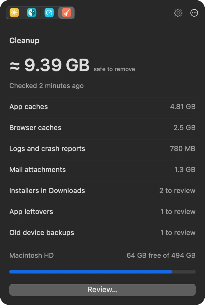 The Cleanup panel: about 9.39 GB safe to remove, split by category