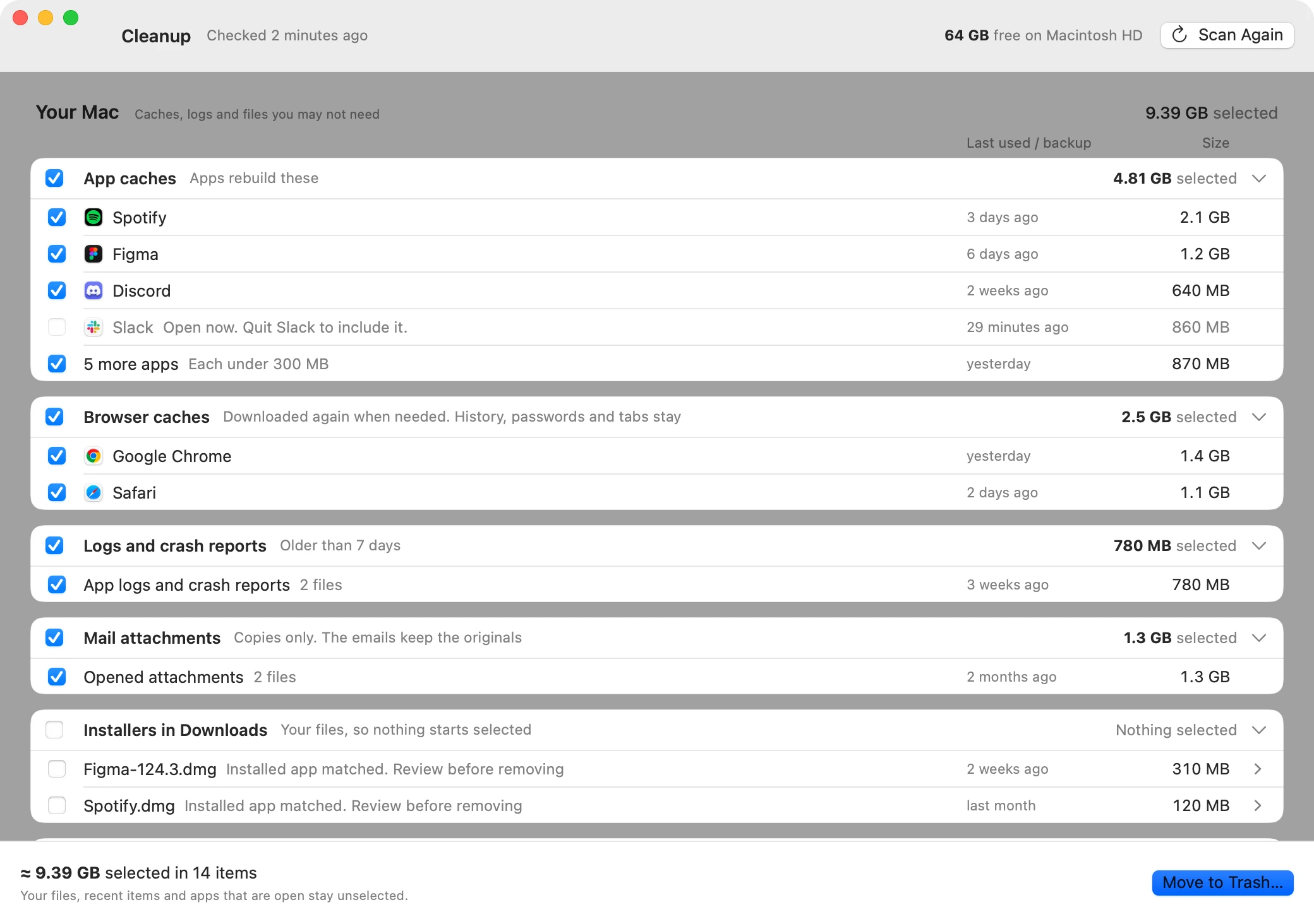 The Cleanup review window listing each item with its size and when it was last used