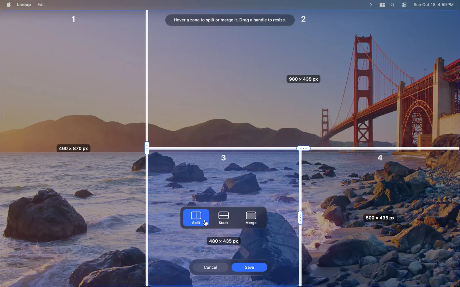The layout editor splitting a display into four zones